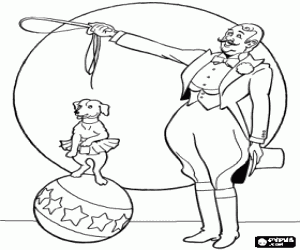 Small dog by balancing on a ball under the watchful eye of his coach coloring page