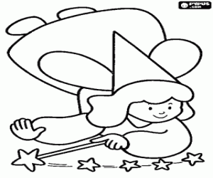 Small fairy flying with magic wand in her hand coloring page