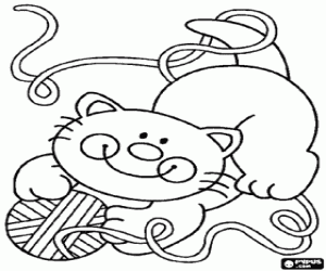 Smiling cat playing with a ball of wool coloring page