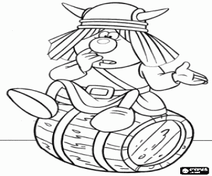 Snorre, the shortest viking sitting on a barrel coloring page