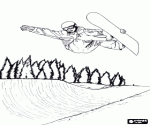 Snowboarder doing a trick on a half-pipe, rider practicing the free-style snowboard coloring page