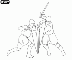 Soldiers fighting with swords and shields coloring page