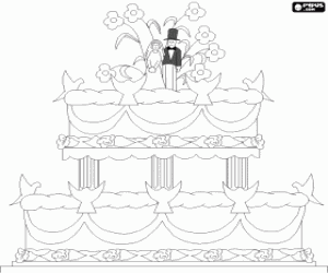Spectacular two-story wedding cake adorned with little figurines of the bride and groom coloring page