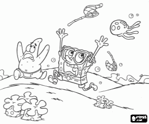 SpongeBob and Patrick Star, the jellyfish hunters pursued by a jellyfish coloring page