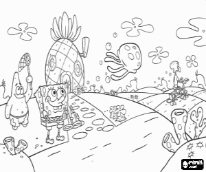 SpongeBob with binoculars, Patrick Star trying to hunt jellyfish in front of the pineapple-shaped house coloring page