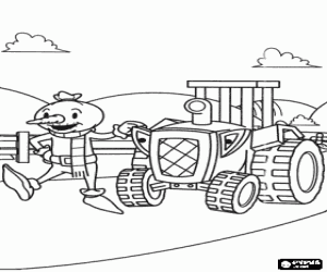 Spud, the scarecrow, walking through the field with Travis, the tractor coloring page