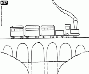 Steam train over a bridge coloring page