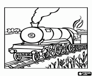 Steam train with machinist in the landscape coloring page