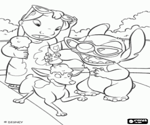 Stitch makes mischief, throws the icecream scoop on the head of a dog coloring page