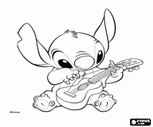 Stitch playing the Hawaiian ukulele, an instrument resembling a small guitar coloring page