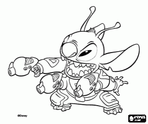 Stitch, the alien defending himself with all his weapons coloring page
