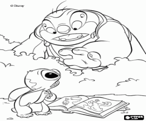 Stitch, the little blue alien, and Dr. Jumba in the forest coloring page