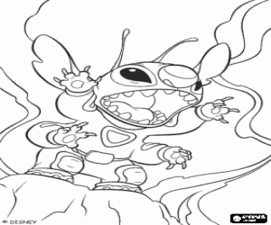 Stitch, the little blue alien, showing his incredible strength coloring page