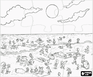 Summer beach puzzle - Different activities at sea and the beach coloring page