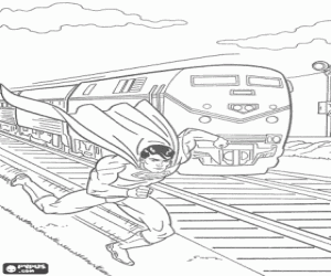 Superman run next to the rails faster than the train to avoid an accident coloring page