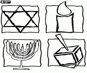 Symbols of Judaism - Star of David, the burning candle, the hanukiah and sevivon or dreidel coloring page
