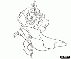 Tarzan and his dear Jane embraced and hanging from a liana coloring page