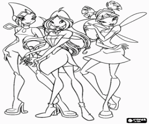 Tecna, Flora and Musa, some of fairies friends who are part of the Winx Club coloring page