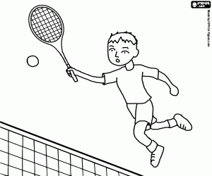 Tennis player in movement to the net to make a volley shot coloring page