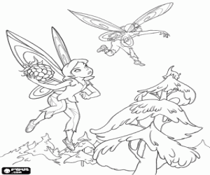 Terence flies away from a fairy that threatens to throw a bunch of fruit coloring page