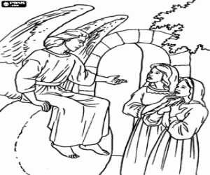 The angel announcing the resurrection of Jesus to Mary Magdalene and Mary sat on the stone from the tomb coloring page