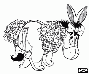 The ass Eeyore loading a lot of flowers in saddlebags coloring page