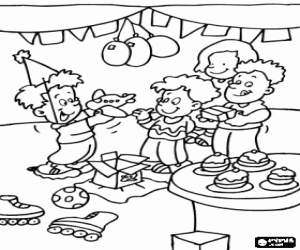 The birthday child receiving gifts from their friends at birthday party coloring page