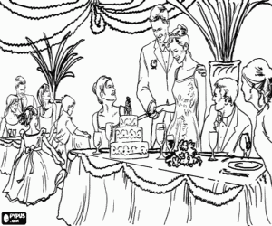 The bride and groom cutting the wedding cake at wedding reception coloring page