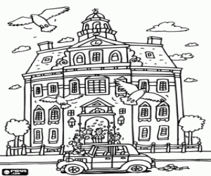 The bride and groom leaving the wedding ceremony coloring page
