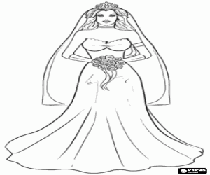 The bride on the wedding day with the long dress, veil with tiara and bouquet coloring page