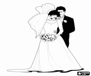 The bride with her beautiful wedding dress and the groom with his elegant suit coloring page