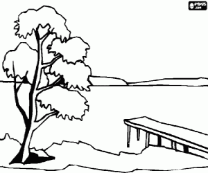 The calm waters of a lake with a pier and a tree in the foreground coloring page