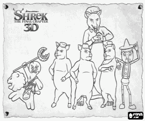 The characters of the Fairy Tales help Shrek and the ogres in the film Shrek 4 coloring page