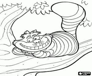 The Cheshire Cat resting on a tree branch coloring page