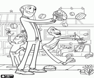 The city people happy because the food falls from the sky coloring page