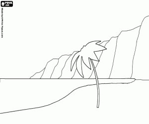 The coast with the beach and a palm tree in the foreground and the cliffs to the bottom coloring page