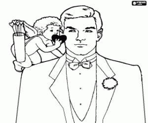 The elegant groom listening to the advice of Cupid before starting the wedding reception speech coloring page
