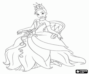 The elegant Princess Tiana sitting in a chair coloring page