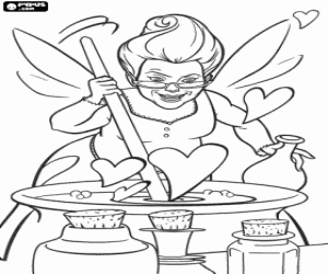 The Fairy Godmother preparing the magic potion to be happy forever being beautiful coloring page