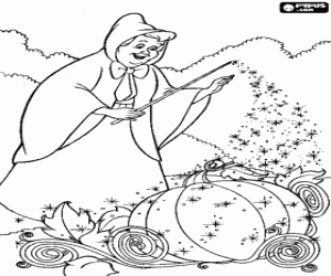 The fairy godmother with her magic wand turns a pumpkin into a carriage to carry Cinderella to the prince