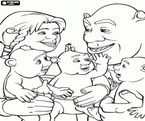 The family of Shrek, Fiona and their children coloring page