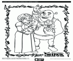 The family of Shrek, Fiona and their three young ogre coloring page