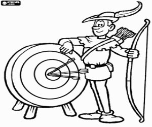 The famous archer Robin Hood showing his prowess with the bow next to a target coloring page