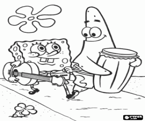 The Friends SpongeBob and Patrick with their musical instruments: a guitar and a bass drum coloring page