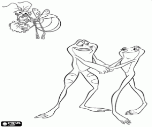 The frog Tiana and frog Naveen dancing in the pond illuminated by the firefly Ray coloring page