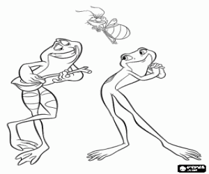 The frog Tiana in love listening the frog Naveen singing under the light of his friend Ray coloring page