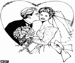 The groom kissing the bride after the wedding in a big heart coloring page