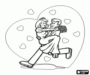 The groom with the bride in the arms between many hearts coloring page