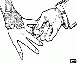 The hand of the bride with the ring and the hand of the groom, holding hands coloring page