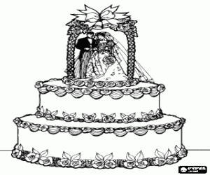 The impressive wedding cake decorated with figurines of the bride and groom coloring page